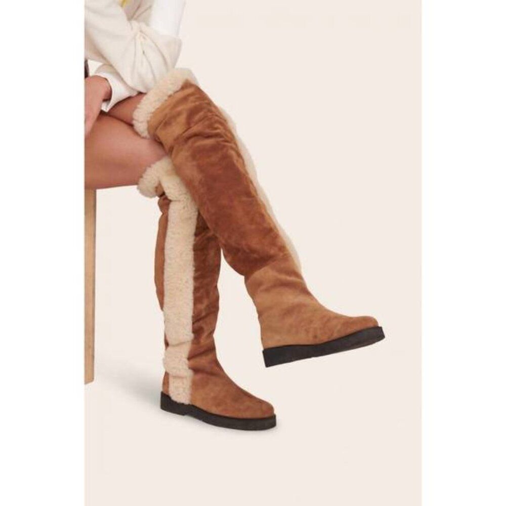 Staud Rowan Overknee Shearling Boots Tan Cream with Dust Bag NWOT Size 37 US 7